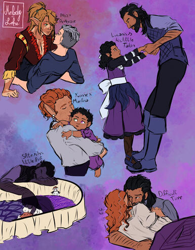 Alba x Ambroise, Yvonne and Lucanis with their first daughter, Spite with Yvonis Daughter, Lucanis hugging Yvonne